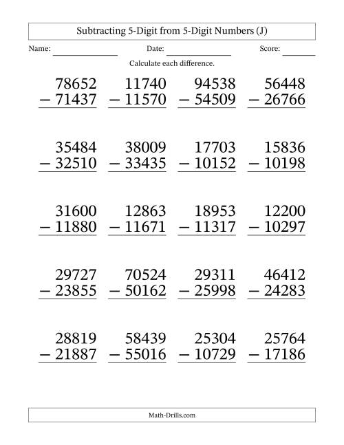 The Subtracting 5-Digit from 5-Digit Numbers With Some Regrouping (20 Questions) Large Print (J) Math Worksheet