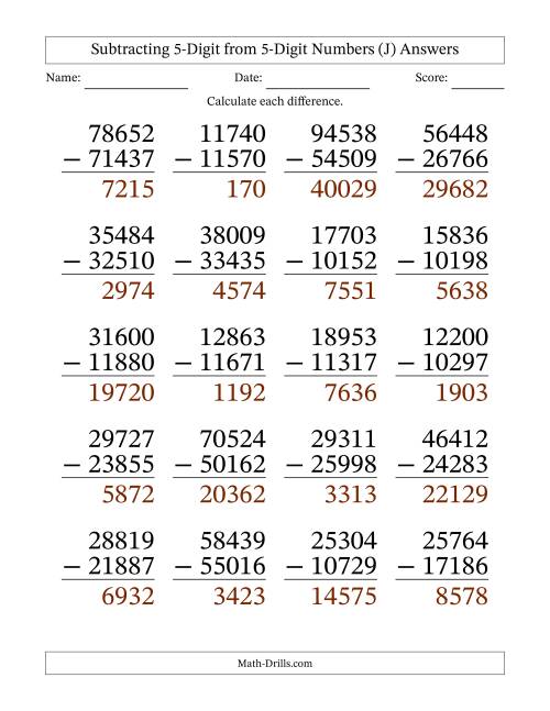 The Large Print 5-Digit Minus 5-Digit Subtraction (J) Math Worksheet Page 2