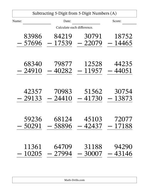 The Large Print 5-Digit Minus 5-Digit Subtraction (All) Math Worksheet