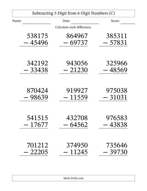 The Large Print 6-Digit Minus 5-Digit Subtraction (C) Math Worksheet