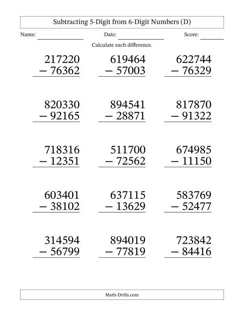 The Large Print 6-Digit Minus 5-Digit Subtraction (D) Math Worksheet