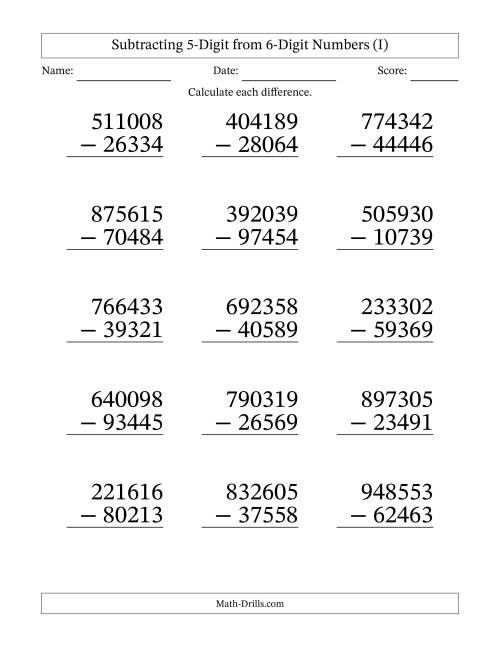 The Subtracting 5-Digit from 6-Digit Numbers With Some Regrouping (15 Questions) Large Print (I) Math Worksheet