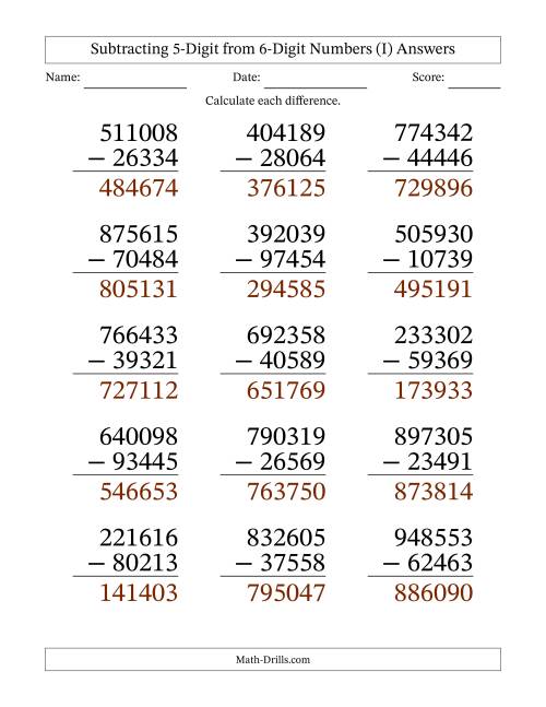 The Large Print 6-Digit Minus 5-Digit Subtraction (I) Math Worksheet Page 2