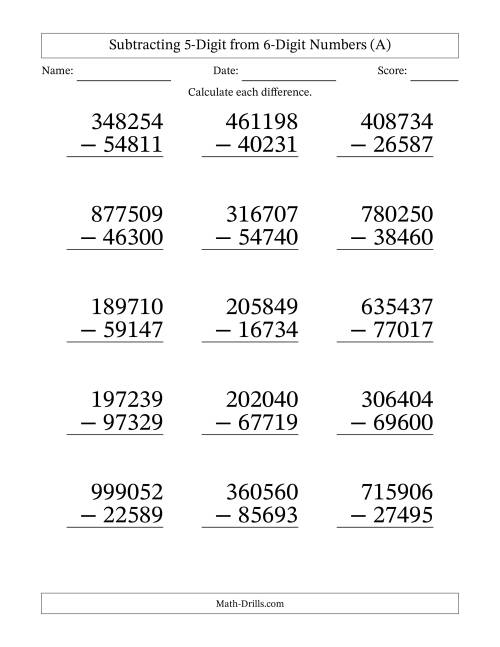 The Subtracting 5-Digit from 6-Digit Numbers With Some Regrouping (15 Questions) Large Print (All) Math Worksheet