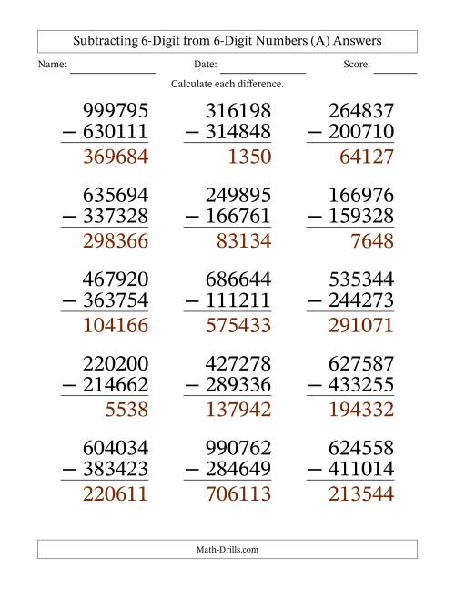 The Large Print 6-Digit Minus 6-Digit Subtraction (A) Math Worksheet Page 2