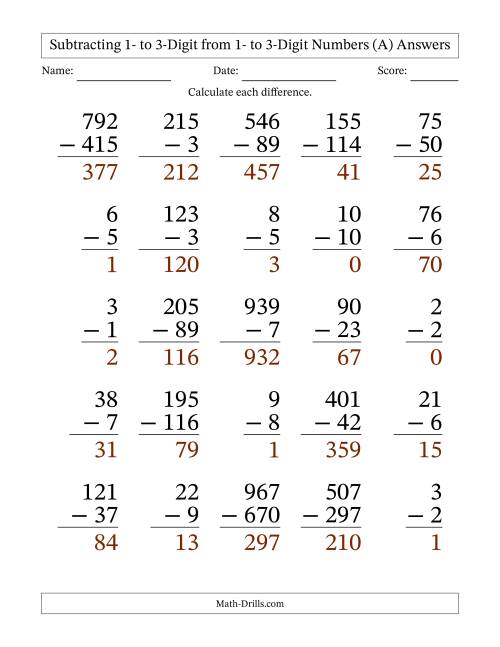 The Subtracting 1- to 3-Digit from 1- to 3-Digit Numbers With Some Regrouping (25 Questions) Large Print (A) Math Worksheet Page 2