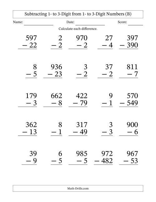 The Subtracting 1- to 3-Digit from 1- to 3-Digit Numbers With Some Regrouping (25 Questions) Large Print (B) Math Worksheet
