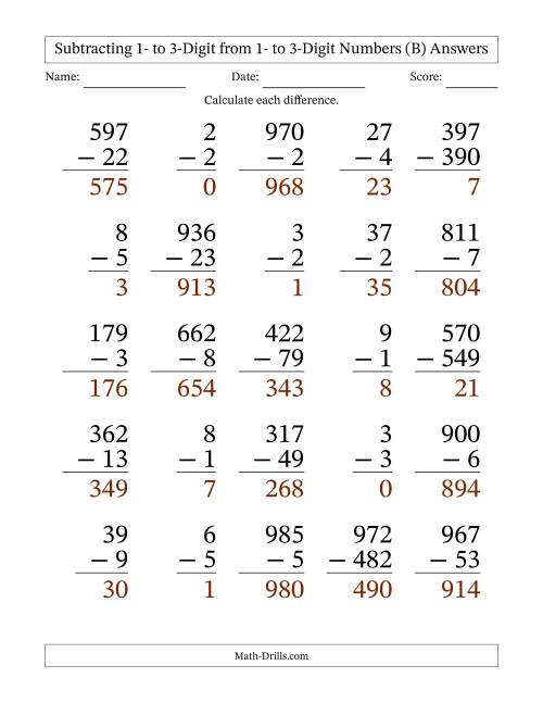 The Subtracting 1- to 3-Digit from 1- to 3-Digit Numbers With Some Regrouping (25 Questions) Large Print (B) Math Worksheet Page 2