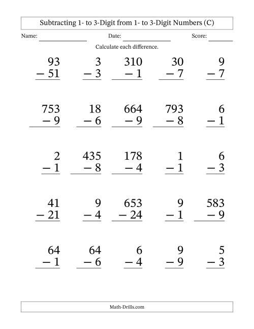 The Subtracting 1- to 3-Digit from 1- to 3-Digit Numbers With Some Regrouping (25 Questions) Large Print (C) Math Worksheet