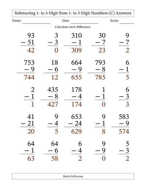 The Subtracting 1- to 3-Digit from 1- to 3-Digit Numbers With Some Regrouping (25 Questions) Large Print (C) Math Worksheet Page 2