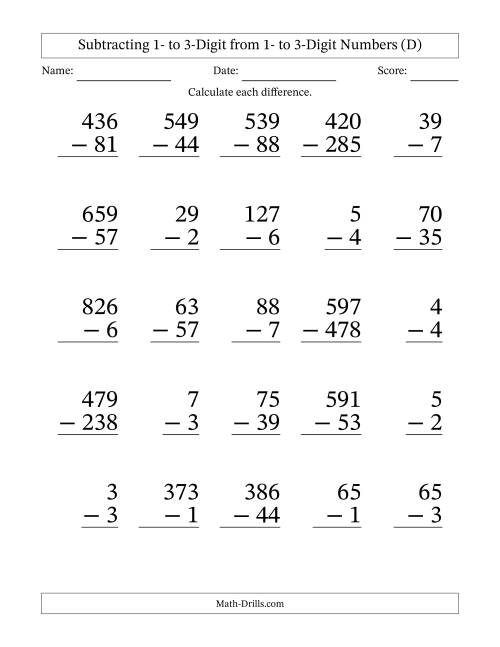 The Subtracting 1- to 3-Digit from 1- to 3-Digit Numbers With Some Regrouping (25 Questions) Large Print (D) Math Worksheet