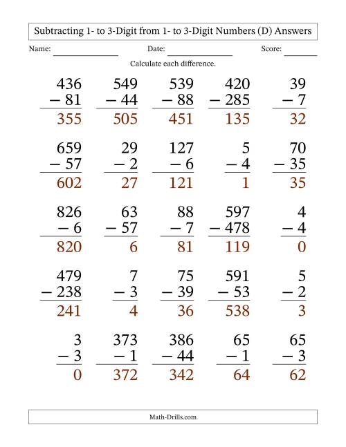 The Subtracting 1- to 3-Digit from 1- to 3-Digit Numbers With Some Regrouping (25 Questions) Large Print (D) Math Worksheet Page 2