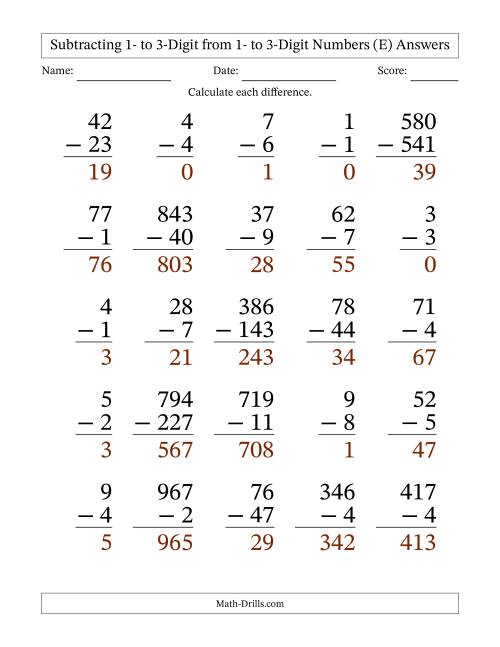 The Subtracting 1- to 3-Digit from 1- to 3-Digit Numbers With Some Regrouping (25 Questions) Large Print (E) Math Worksheet Page 2