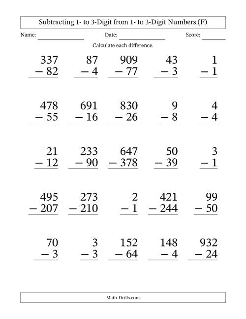 The Subtracting 1- to 3-Digit from 1- to 3-Digit Numbers With Some Regrouping (25 Questions) Large Print (F) Math Worksheet