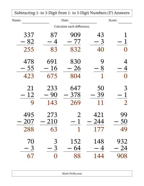 The Subtracting 1- to 3-Digit from 1- to 3-Digit Numbers With Some Regrouping (25 Questions) Large Print (F) Math Worksheet Page 2