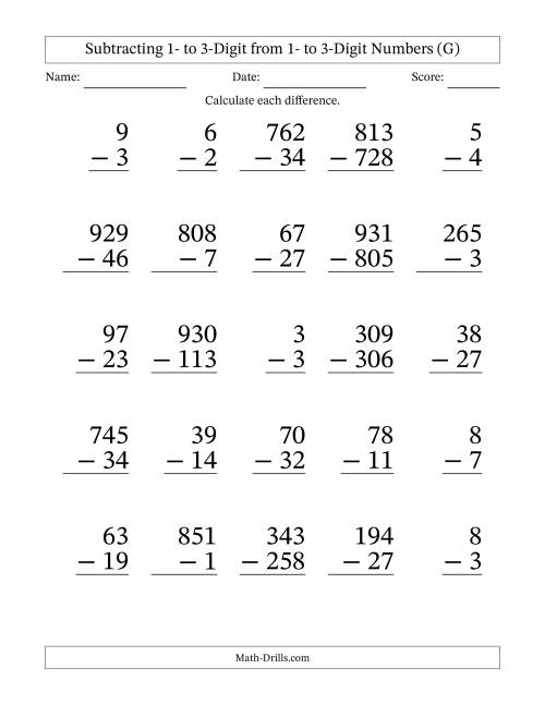 The Subtracting 1- to 3-Digit from 1- to 3-Digit Numbers With Some Regrouping (25 Questions) Large Print (G) Math Worksheet