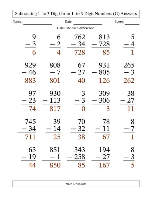 The Subtracting 1- to 3-Digit from 1- to 3-Digit Numbers With Some Regrouping (25 Questions) Large Print (G) Math Worksheet Page 2