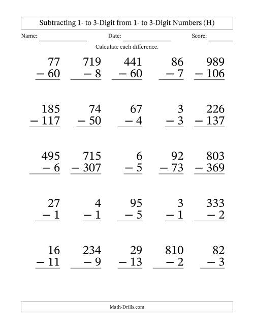 The Subtracting 1- to 3-Digit from 1- to 3-Digit Numbers With Some Regrouping (25 Questions) Large Print (H) Math Worksheet