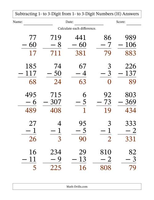 The Subtracting 1- to 3-Digit from 1- to 3-Digit Numbers With Some Regrouping (25 Questions) Large Print (H) Math Worksheet Page 2