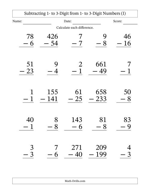 The Subtracting 1- to 3-Digit from 1- to 3-Digit Numbers With Some Regrouping (25 Questions) Large Print (I) Math Worksheet