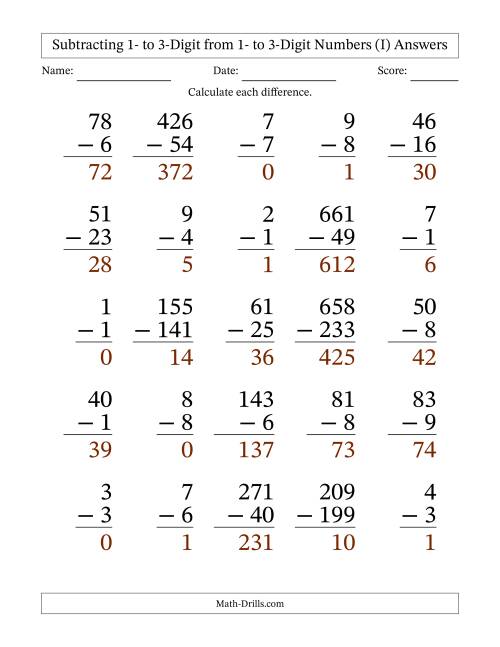 The Subtracting 1- to 3-Digit from 1- to 3-Digit Numbers With Some Regrouping (25 Questions) Large Print (I) Math Worksheet Page 2