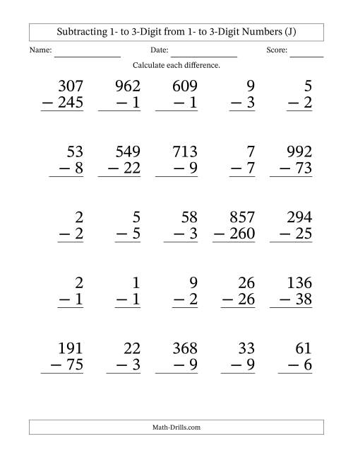 The Subtracting 1- to 3-Digit from 1- to 3-Digit Numbers With Some Regrouping (25 Questions) Large Print (J) Math Worksheet