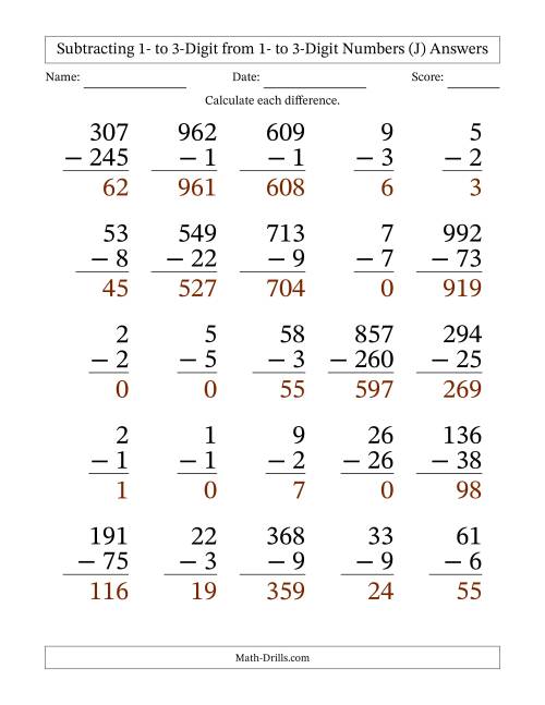 The Subtracting 1- to 3-Digit from 1- to 3-Digit Numbers With Some Regrouping (25 Questions) Large Print (J) Math Worksheet Page 2