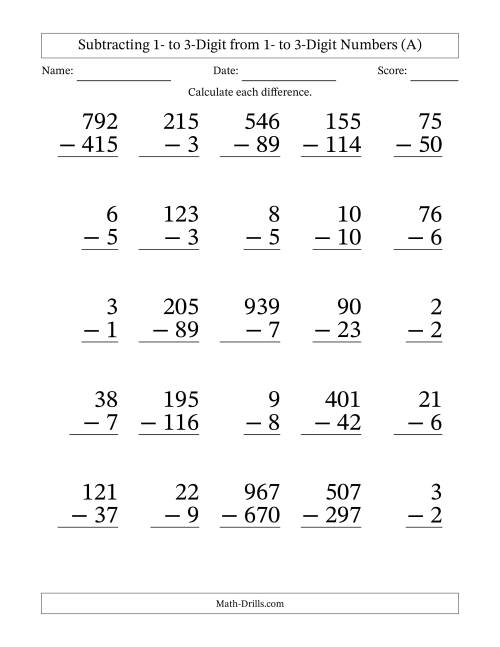 The Subtracting 1- to 3-Digit from 1- to 3-Digit Numbers With Some Regrouping (25 Questions) Large Print (All) Math Worksheet