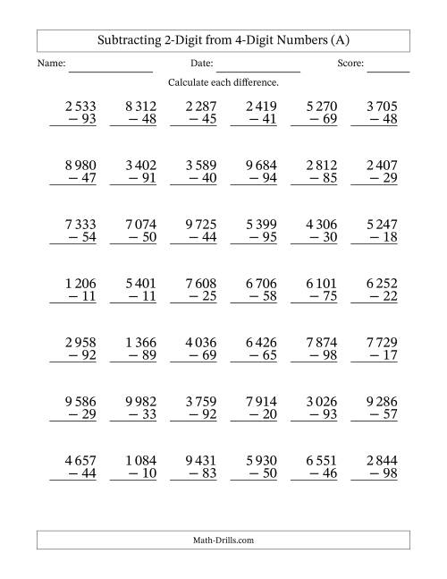 The Subtracting 2-Digit from 4-Digit Numbers With Some Regrouping (42 Questions) (Space Separated Thousands) (A) Math Worksheet