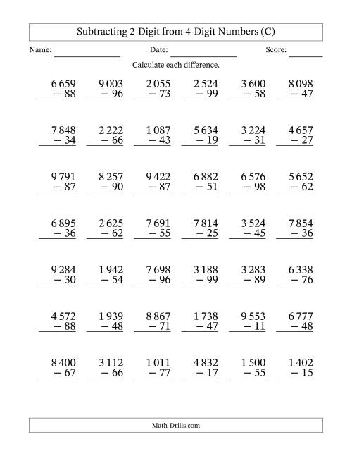 The Subtracting 2-Digit from 4-Digit Numbers With Some Regrouping (42 Questions) (Space Separated Thousands) (C) Math Worksheet