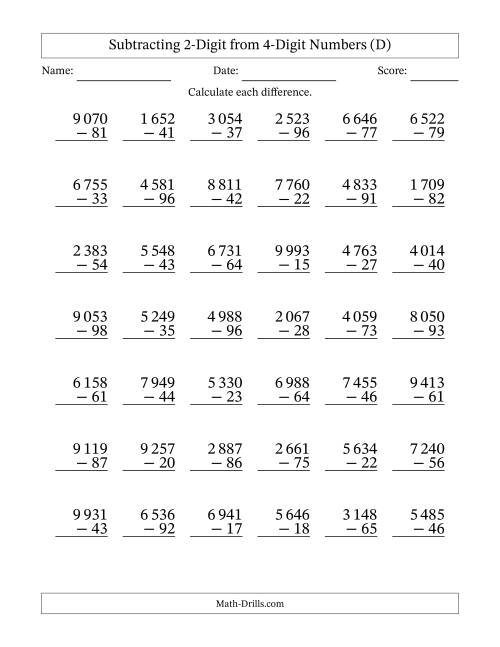 The Subtracting 2-Digit from 4-Digit Numbers With Some Regrouping (42 Questions) (Space Separated Thousands) (D) Math Worksheet