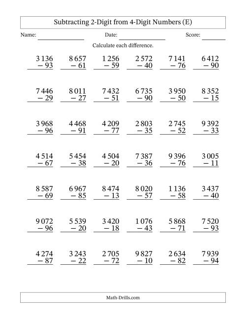 The Subtracting 2-Digit from 4-Digit Numbers With Some Regrouping (42 Questions) (Space Separated Thousands) (E) Math Worksheet