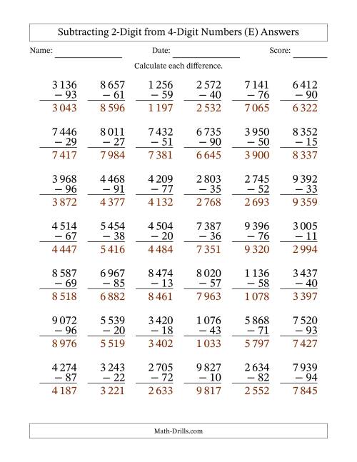 The Subtracting 2-Digit from 4-Digit Numbers With Some Regrouping (42 Questions) (Space Separated Thousands) (E) Math Worksheet Page 2