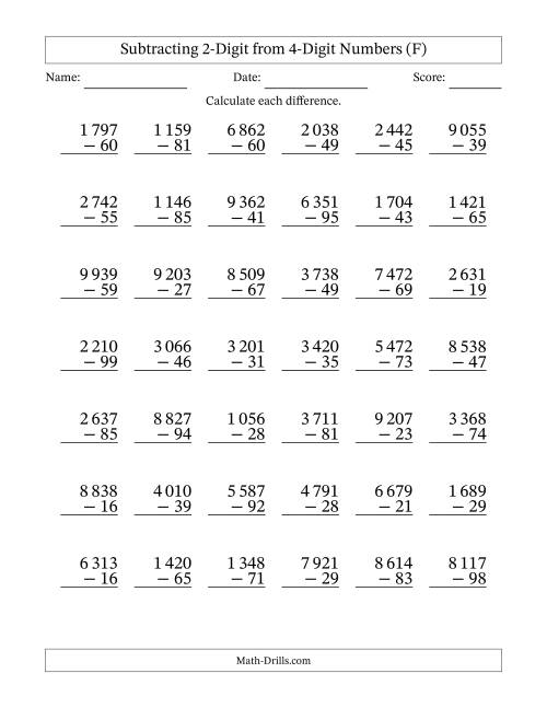 The Subtracting 2-Digit from 4-Digit Numbers With Some Regrouping (42 Questions) (Space Separated Thousands) (F) Math Worksheet
