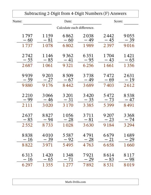The Subtracting 2-Digit from 4-Digit Numbers With Some Regrouping (42 Questions) (Space Separated Thousands) (F) Math Worksheet Page 2