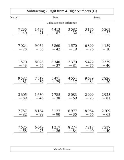 The Subtracting 2-Digit from 4-Digit Numbers With Some Regrouping (42 Questions) (Space Separated Thousands) (G) Math Worksheet