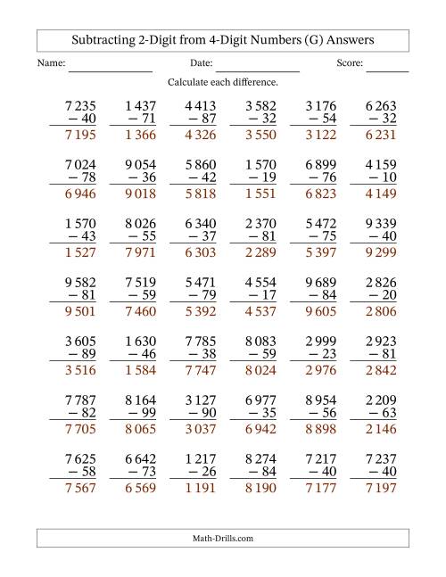 The Subtracting 2-Digit from 4-Digit Numbers With Some Regrouping (42 Questions) (Space Separated Thousands) (G) Math Worksheet Page 2