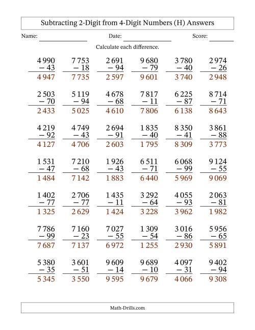 The Subtracting 2-Digit from 4-Digit Numbers With Some Regrouping (42 Questions) (Space Separated Thousands) (H) Math Worksheet Page 2