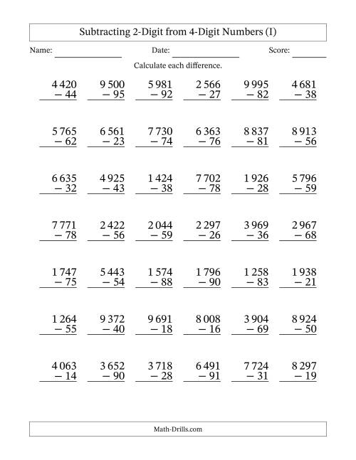 The Subtracting 2-Digit from 4-Digit Numbers With Some Regrouping (42 Questions) (Space Separated Thousands) (I) Math Worksheet
