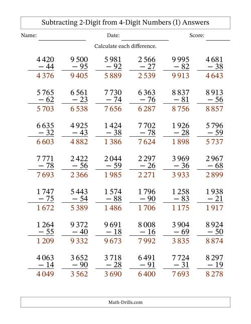 The Subtracting 2-Digit from 4-Digit Numbers With Some Regrouping (42 Questions) (Space Separated Thousands) (I) Math Worksheet Page 2