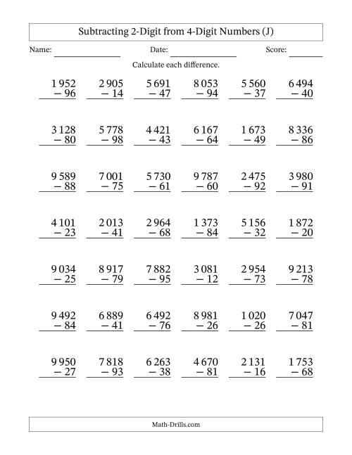 The Subtracting 2-Digit from 4-Digit Numbers With Some Regrouping (42 Questions) (Space Separated Thousands) (J) Math Worksheet