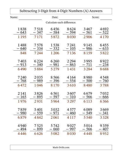 The 4-Digit Minus 3-Digit Subtraction with Space-Separated Thousands (A) Math Worksheet Page 2