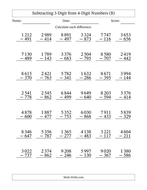 The Subtracting 3-Digit from 4-Digit Numbers With Some Regrouping (42 Questions) (Space Separated Thousands) (B) Math Worksheet