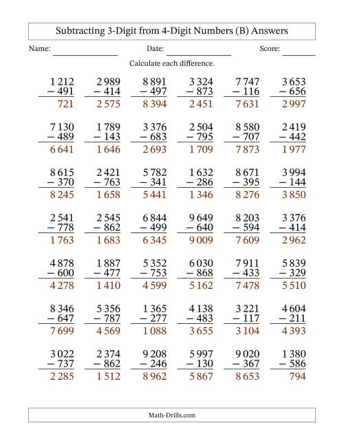 The Subtracting 3-Digit from 4-Digit Numbers With Some Regrouping (42 Questions) (Space Separated Thousands) (B) Math Worksheet Page 2