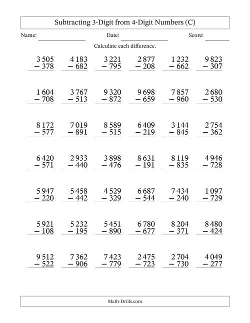 The Subtracting 3-Digit from 4-Digit Numbers With Some Regrouping (42 Questions) (Space Separated Thousands) (C) Math Worksheet
