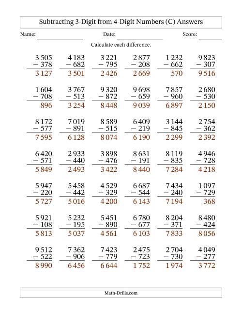 The Subtracting 3-Digit from 4-Digit Numbers With Some Regrouping (42 Questions) (Space Separated Thousands) (C) Math Worksheet Page 2