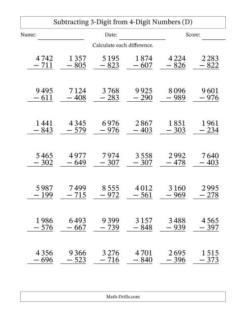 The Subtracting 3-Digit from 4-Digit Numbers With Some Regrouping (42 Questions) (Space Separated Thousands) (D) Math Worksheet