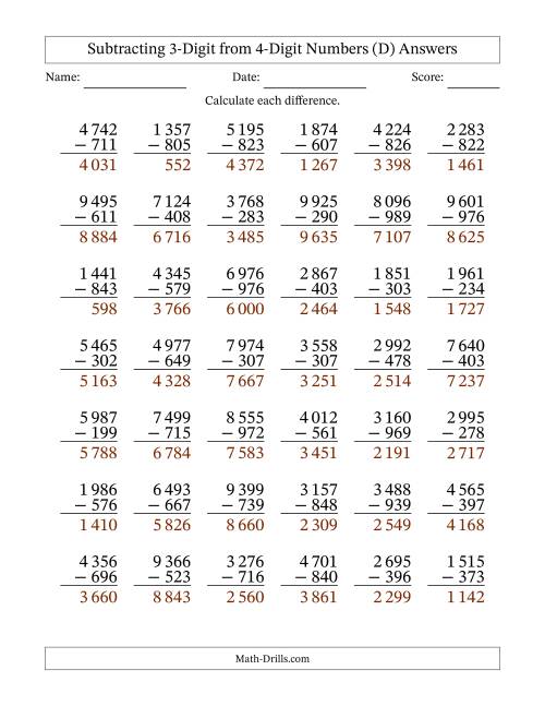 The Subtracting 3-Digit from 4-Digit Numbers With Some Regrouping (42 Questions) (Space Separated Thousands) (D) Math Worksheet Page 2