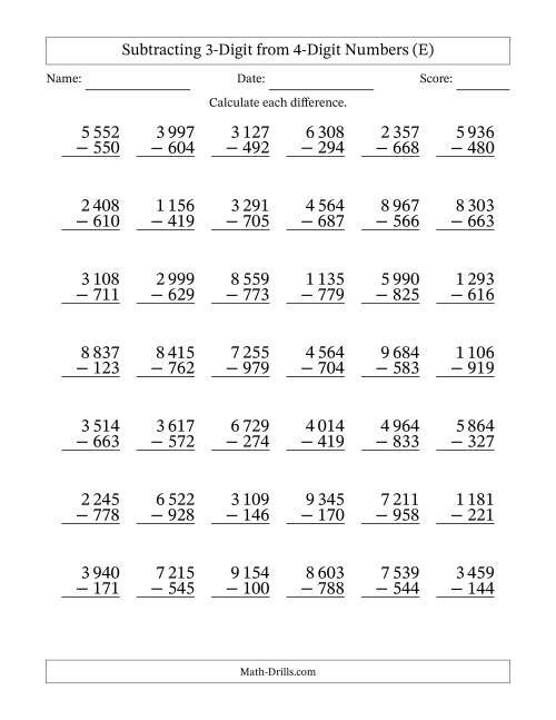 The Subtracting 3-Digit from 4-Digit Numbers With Some Regrouping (42 Questions) (Space Separated Thousands) (E) Math Worksheet