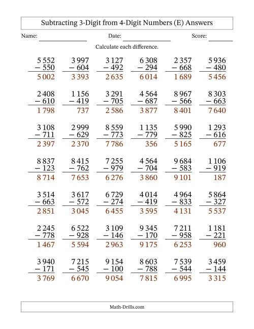 The Subtracting 3-Digit from 4-Digit Numbers With Some Regrouping (42 Questions) (Space Separated Thousands) (E) Math Worksheet Page 2